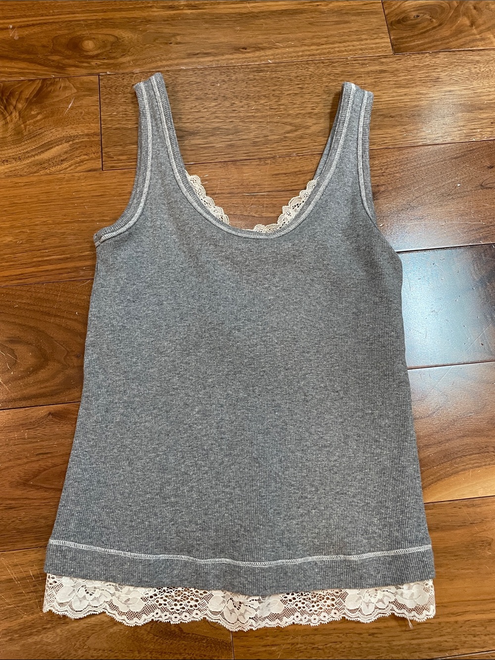 Abercrombie & Fitch Grey Ribbed Tank with Cream Lace Trim bra free size m